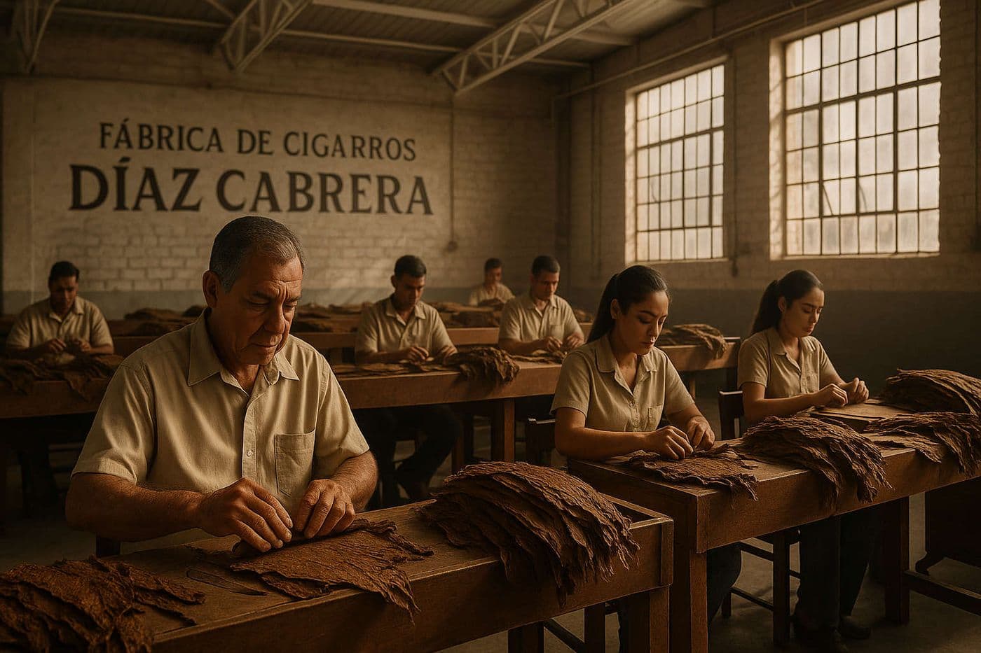 Artisans hand-rolling cigars inside the Díaz Cabrera Cigar Factory in Santiago, Dominican Republic, illuminated by warm natural light and showcasing the precision of Dominican craftsmanship