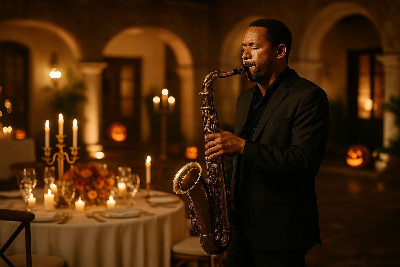Professional saxophonist performing live at an elegant Halloween dinner in the courtyard of a colonial hotel, surrounded by candlelight and festive decor