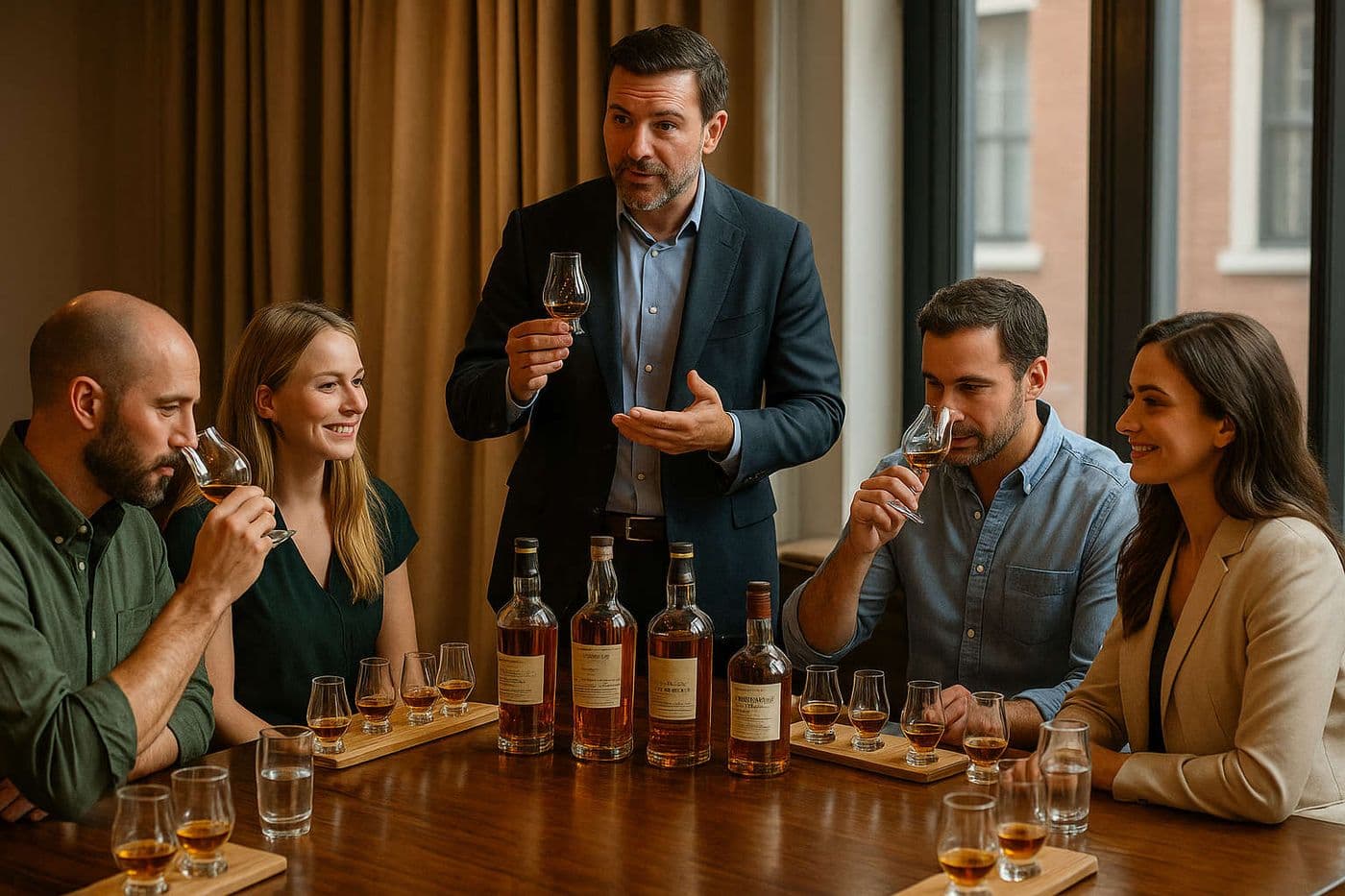 A professional whiskey tasting event with a sommelier guiding a small group through premium whiskey samples in an elegant setting