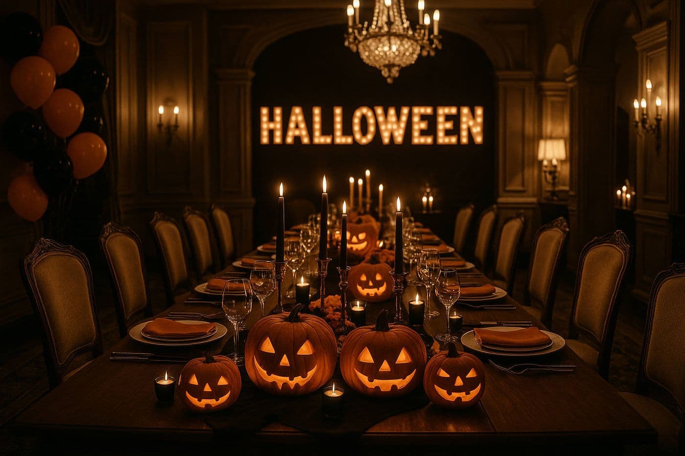 Mesa de cena de lujo en un hotel elegante de la Zona Colonial, Santo Domingo, República Dominicana, decorada con velas, copas de vino y flores para una noche especial de Halloween.